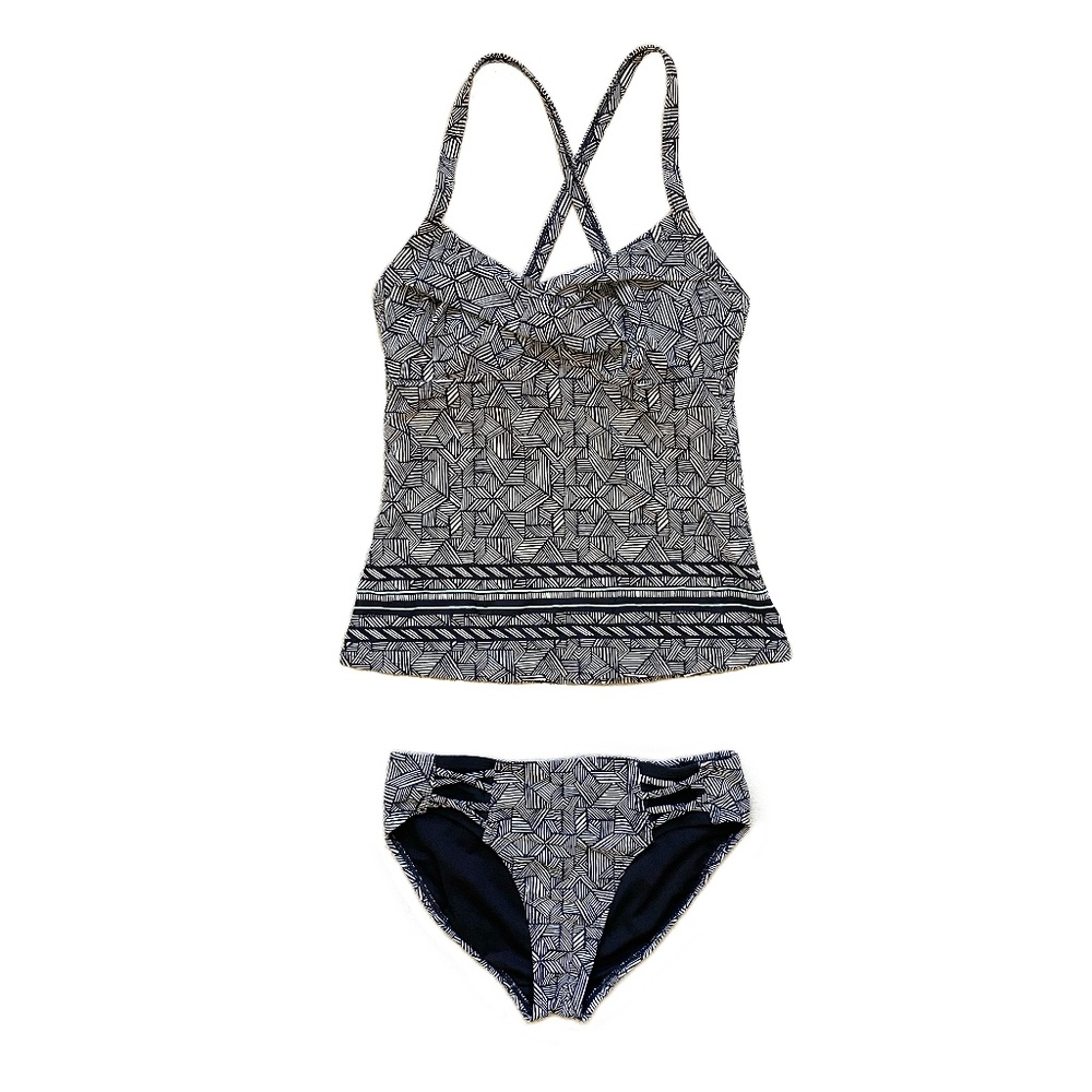 ATHLETA Geometric Print Ruched Crossover Tankini Top Bikini Bottom Swimsuit Set